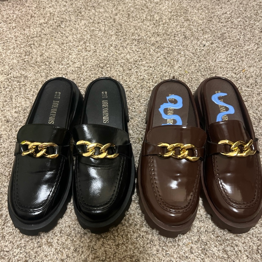 Stylish Black Loafers with Gold Chain and Brown pair